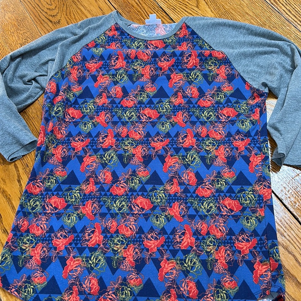 LulaRoe Randy style jersey.  Women size XL. Gray sleeves coral blue floral.